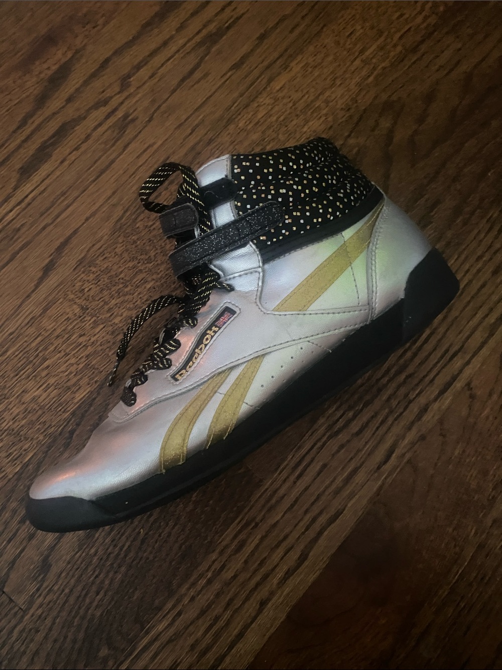 Vintage Birthday Edition Reebok Silver and Gold High-Top Sneakers